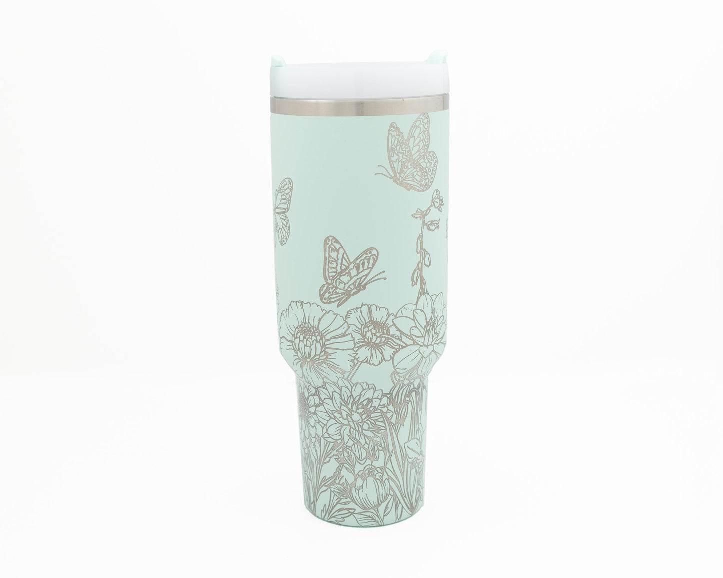 40oz Stanley Tumbler Laser Engraved with Flowers & Butterflies