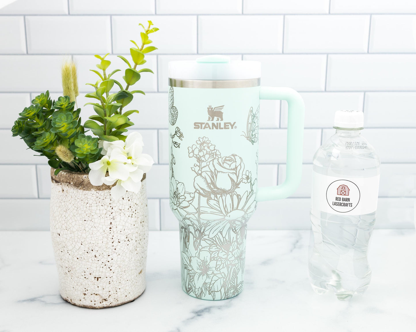 40oz Stanley Tumbler Laser Engraved with Flowers & Butterflies