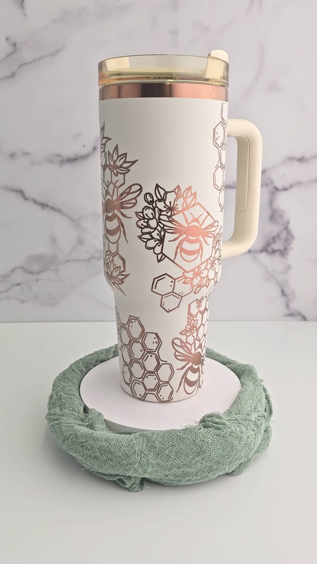 40oz Black or Cream Tumbler with Handle Laser Engraved with Bumble