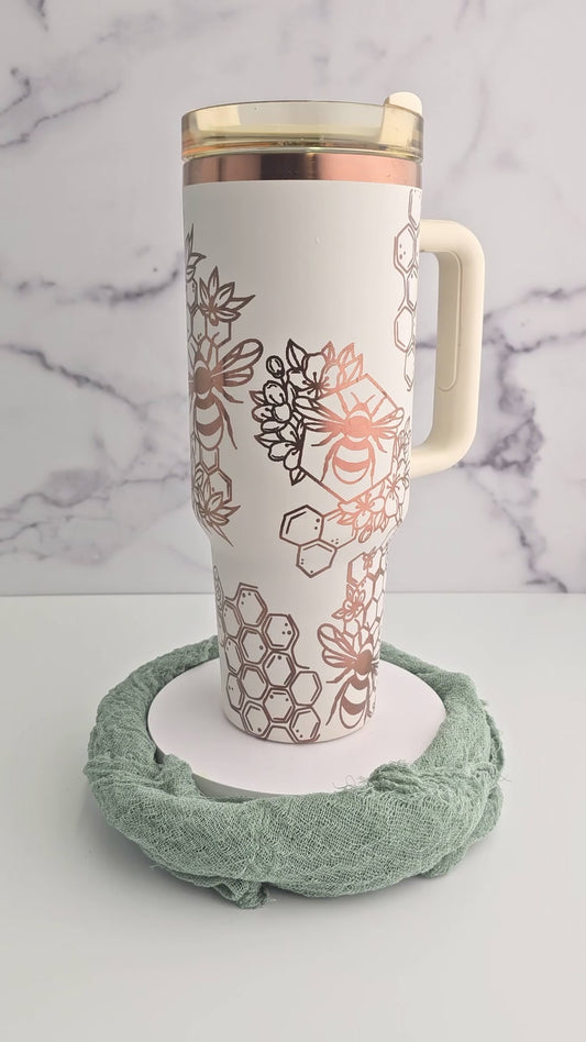 40oz Black or Cream Tumbler with Handle Laser Engraved with Bumble Bee and Honeycomb Design