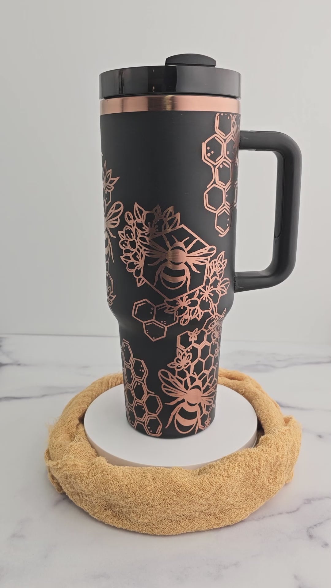 40oz Black or Cream Tumbler with Handle Laser Engraved with Bumble