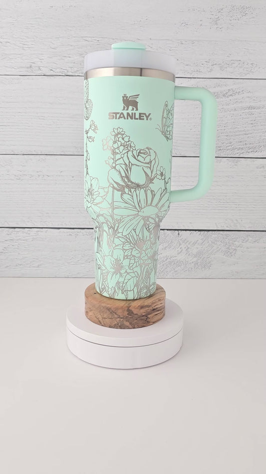 40oz Stanley Tumbler Laser Engraved with Flowers & Butterflies